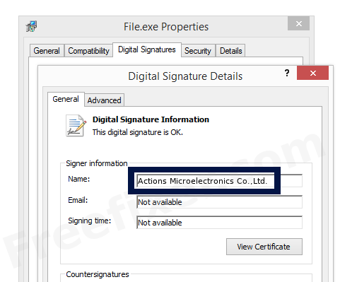 Screenshot of the Actions Microelectronics Co.,Ltd. certificate